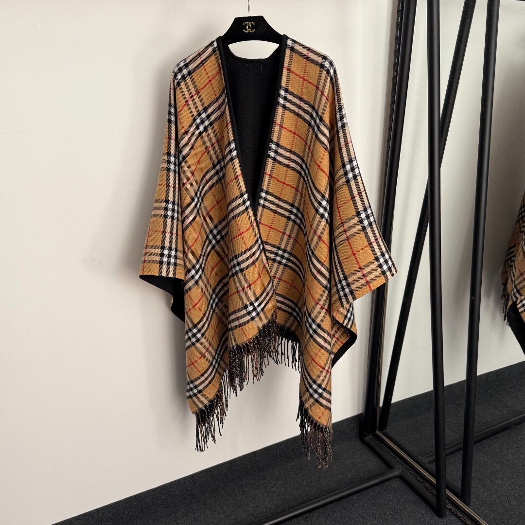 B Classic plaid double-sided tassel woven wool knitted cardigan shawl