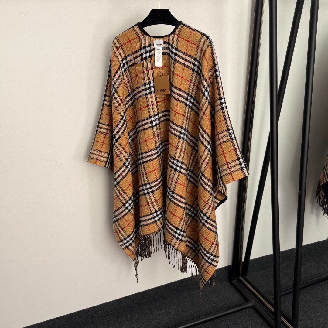 B Classic plaid double-sided tassel woven wool knitted cardigan shawl