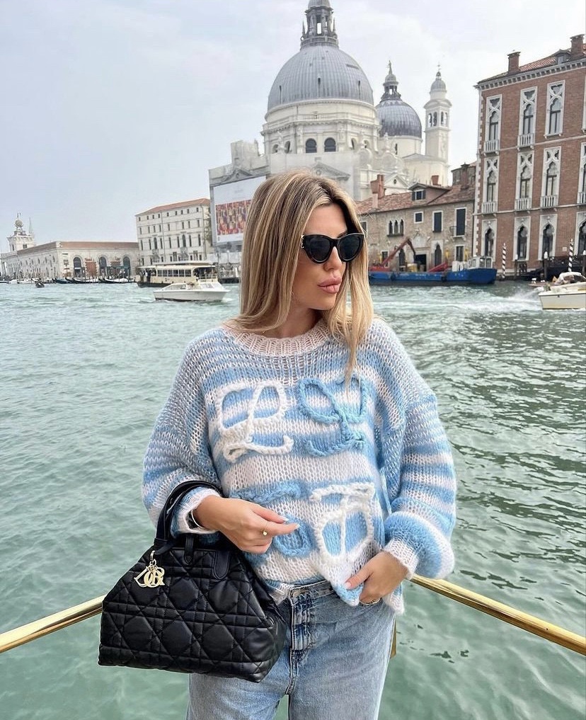 L Striped Colorblock Openwork Long Sleeve Mohair Sweater