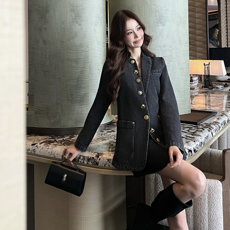 S fashion high-end women's long sleeved V-neck denim cardigan