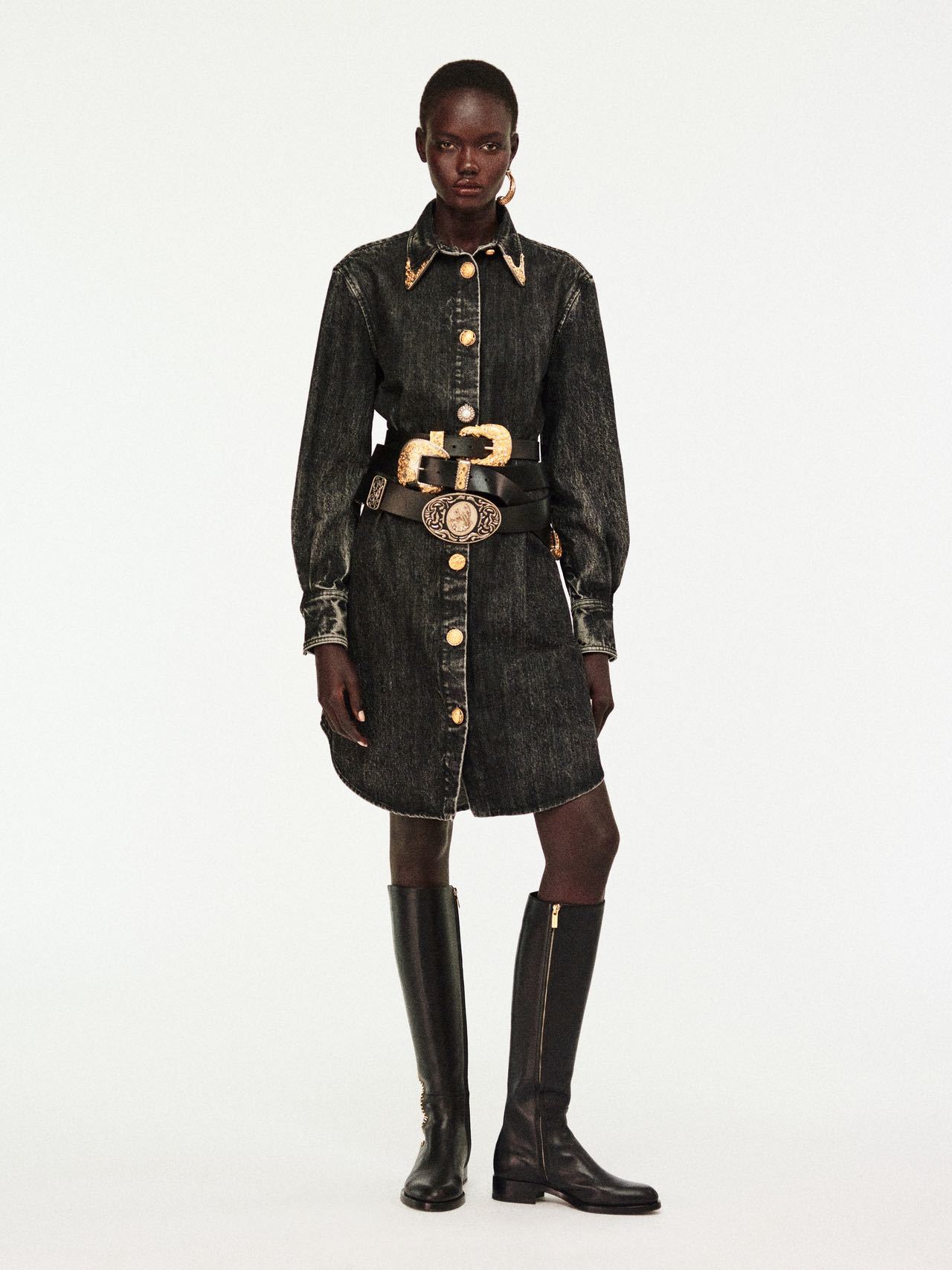 S fashion high-end women's collar long sleeved denim cardigan dress