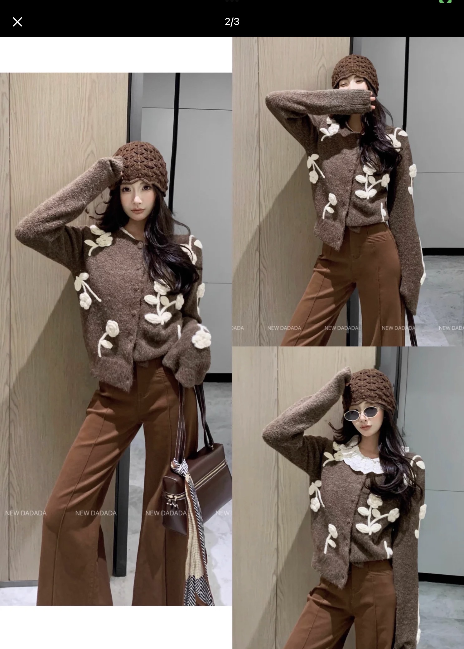 C fashion high-end women's printed round neck long sleeved wool cardigan