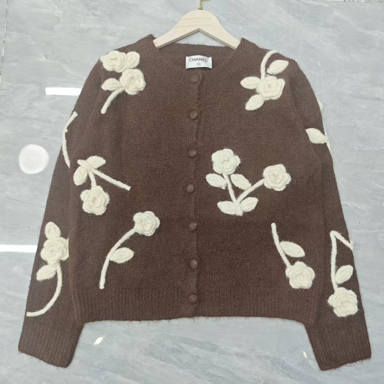 C fashion high-end women's printed round neck long sleeved wool cardigan