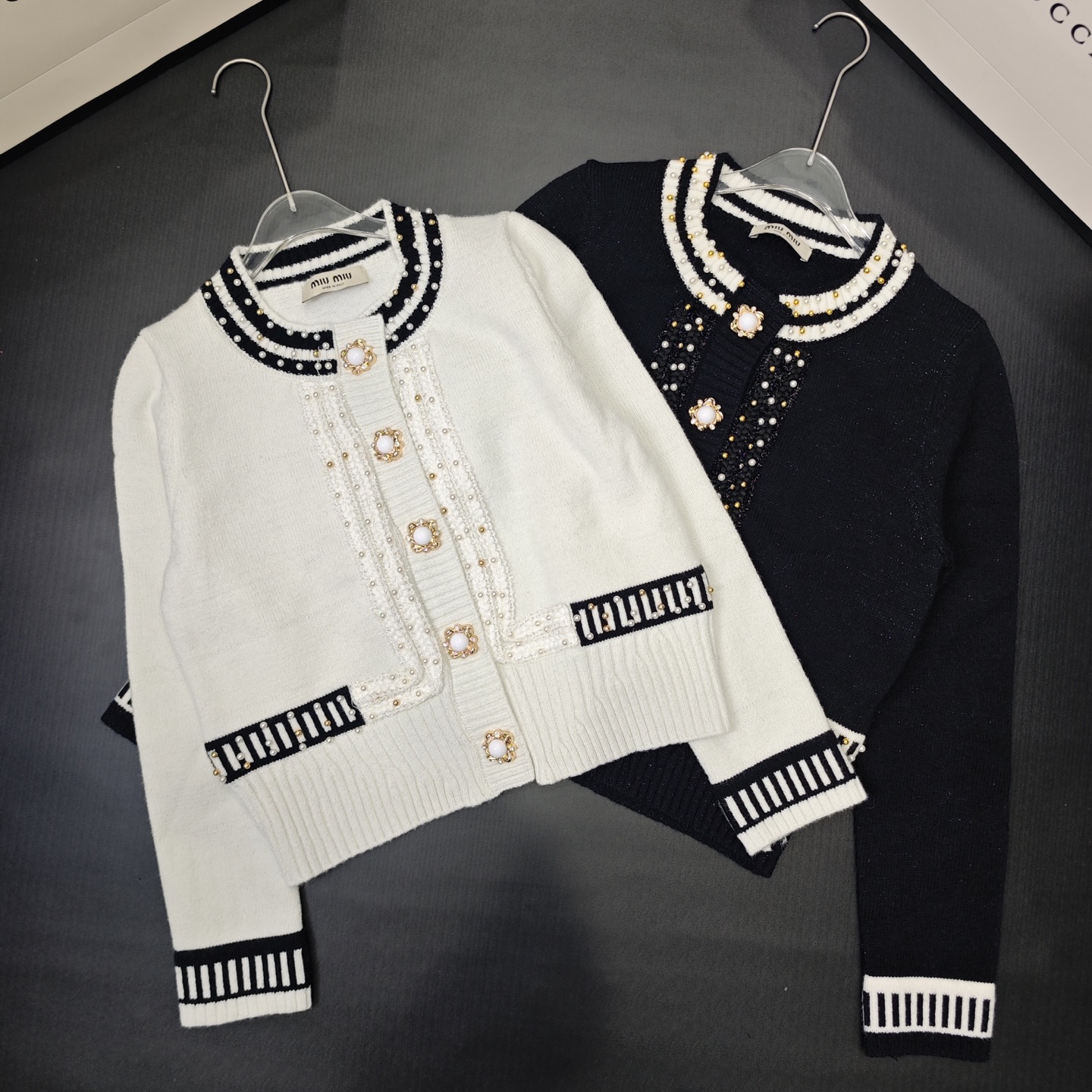 M fashion high-end women's nail bead round neck long sleeved cardigan