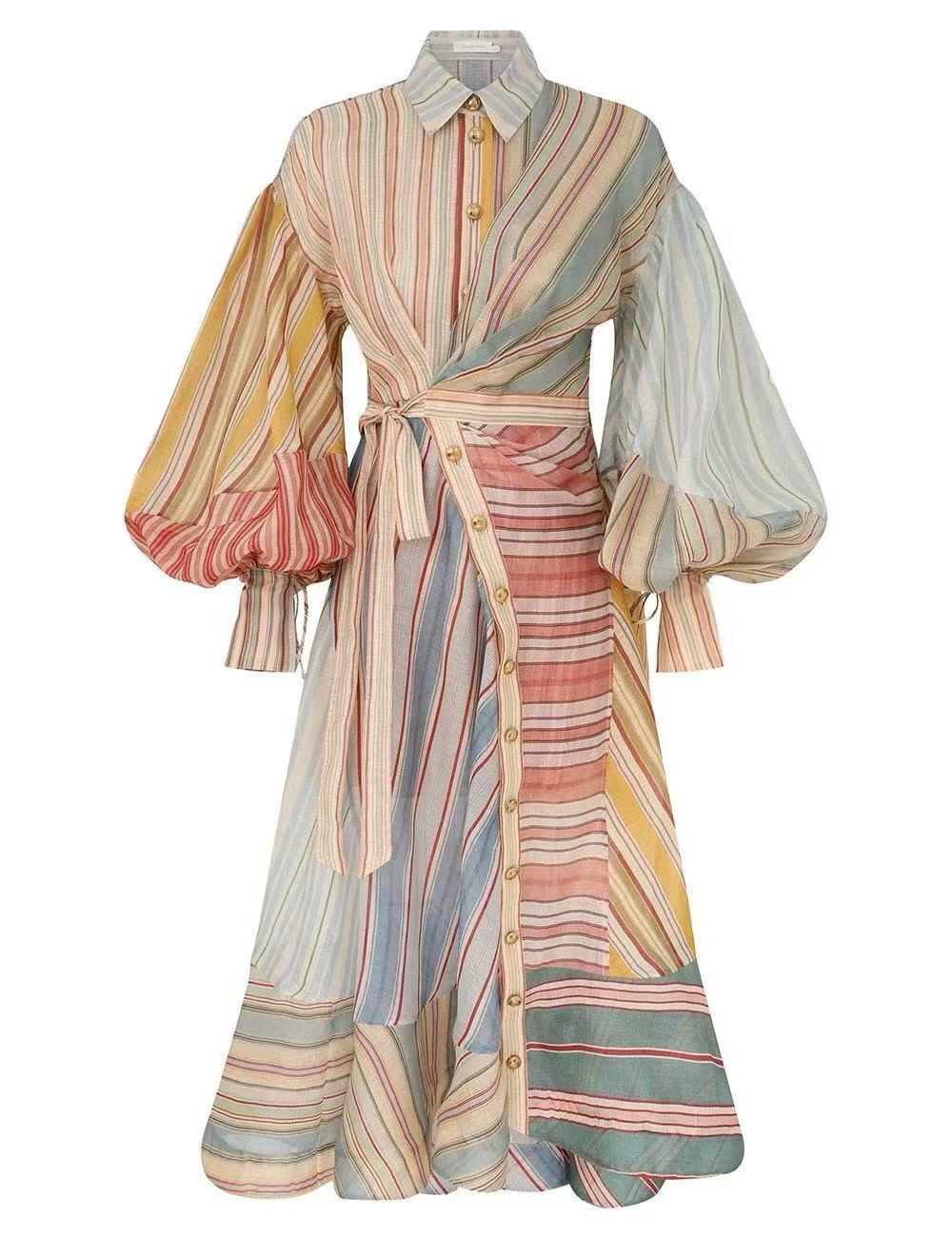 Z Waist up lantern long sleeved shirt dress