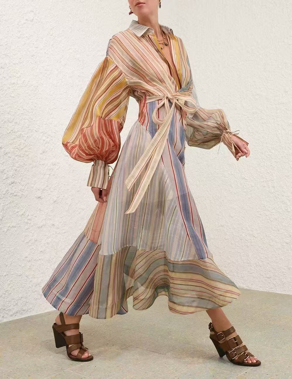 Z Waist up lantern long sleeved shirt dress