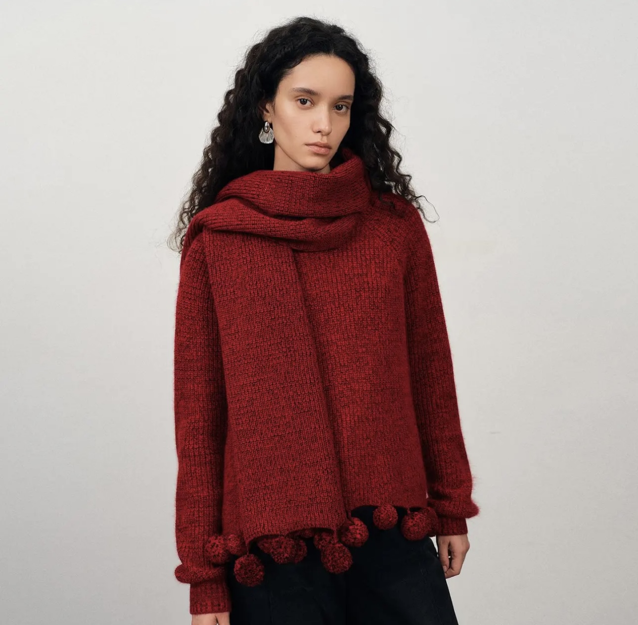 F Fashionable casual hem wool ball Christmas red sweater+scarf