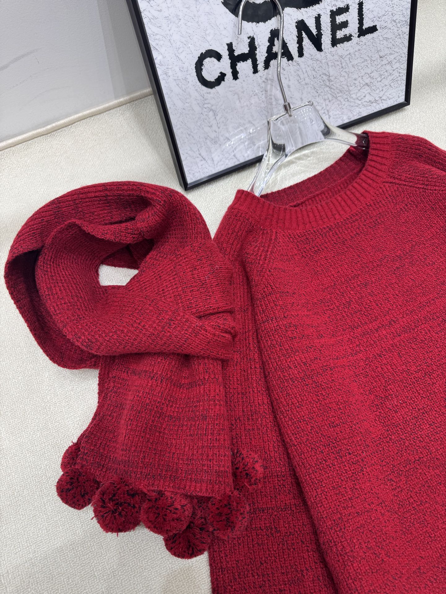 F Fashionable casual hem wool ball Christmas red sweater+scarf