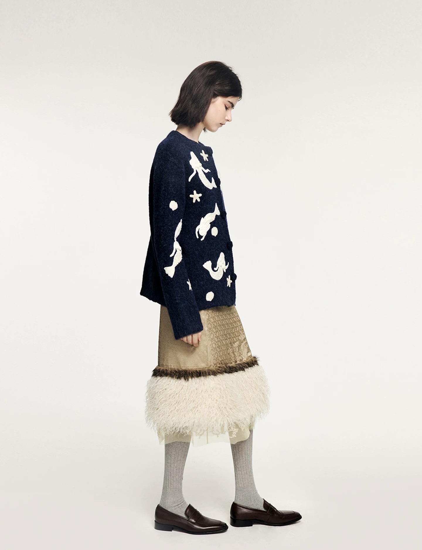 U Fashion Casual Mermaid Shell Embroidered Sweater Cardigan