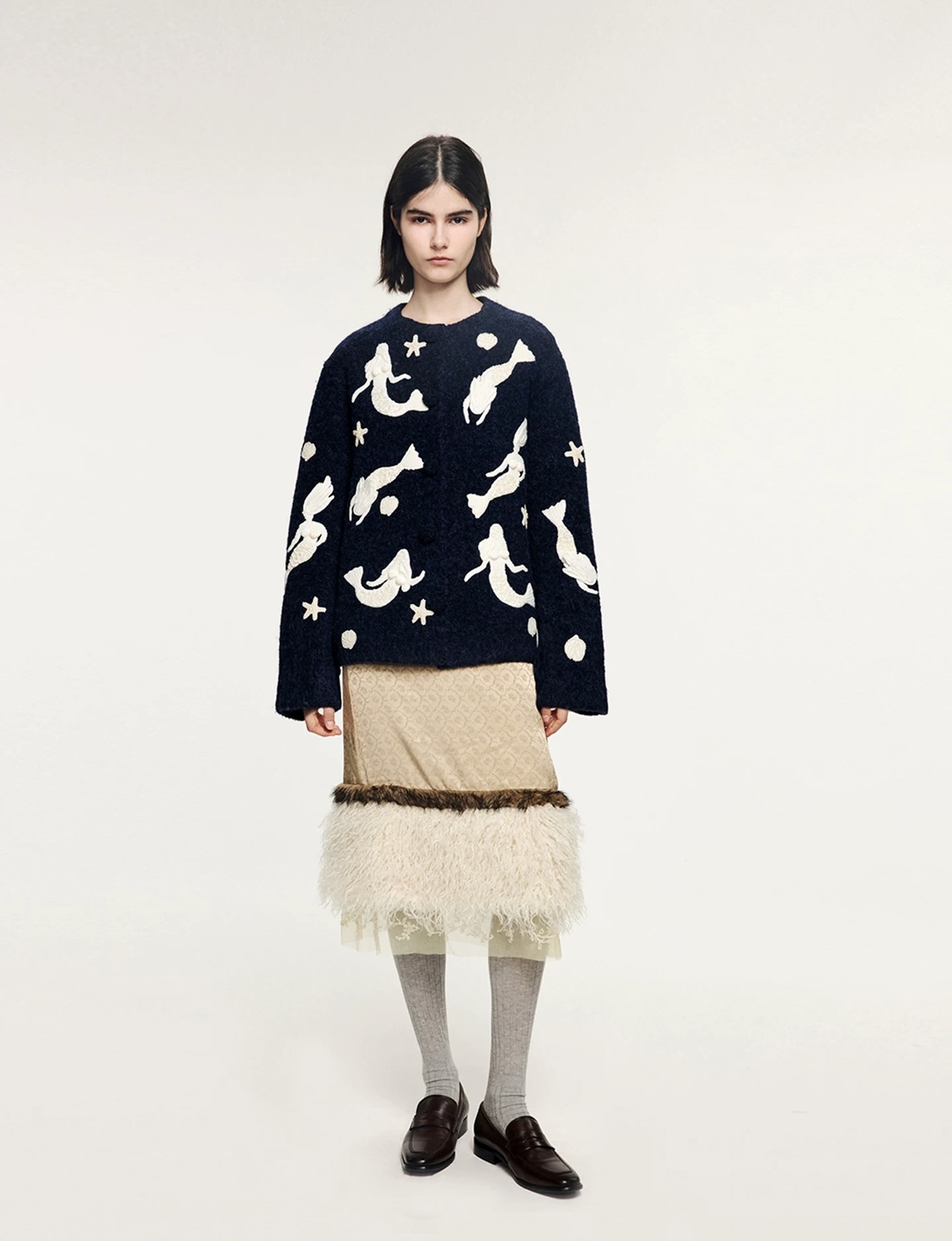 U Fashion Casual Mermaid Shell Embroidered Sweater Cardigan