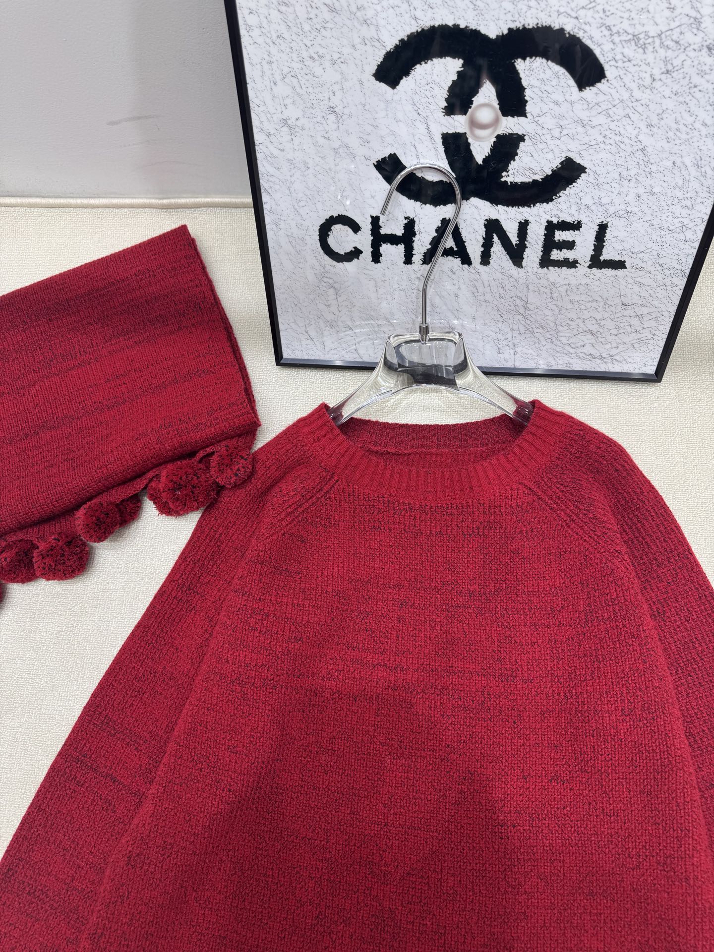F Fashionable casual hem wool ball Christmas red sweater+scarf