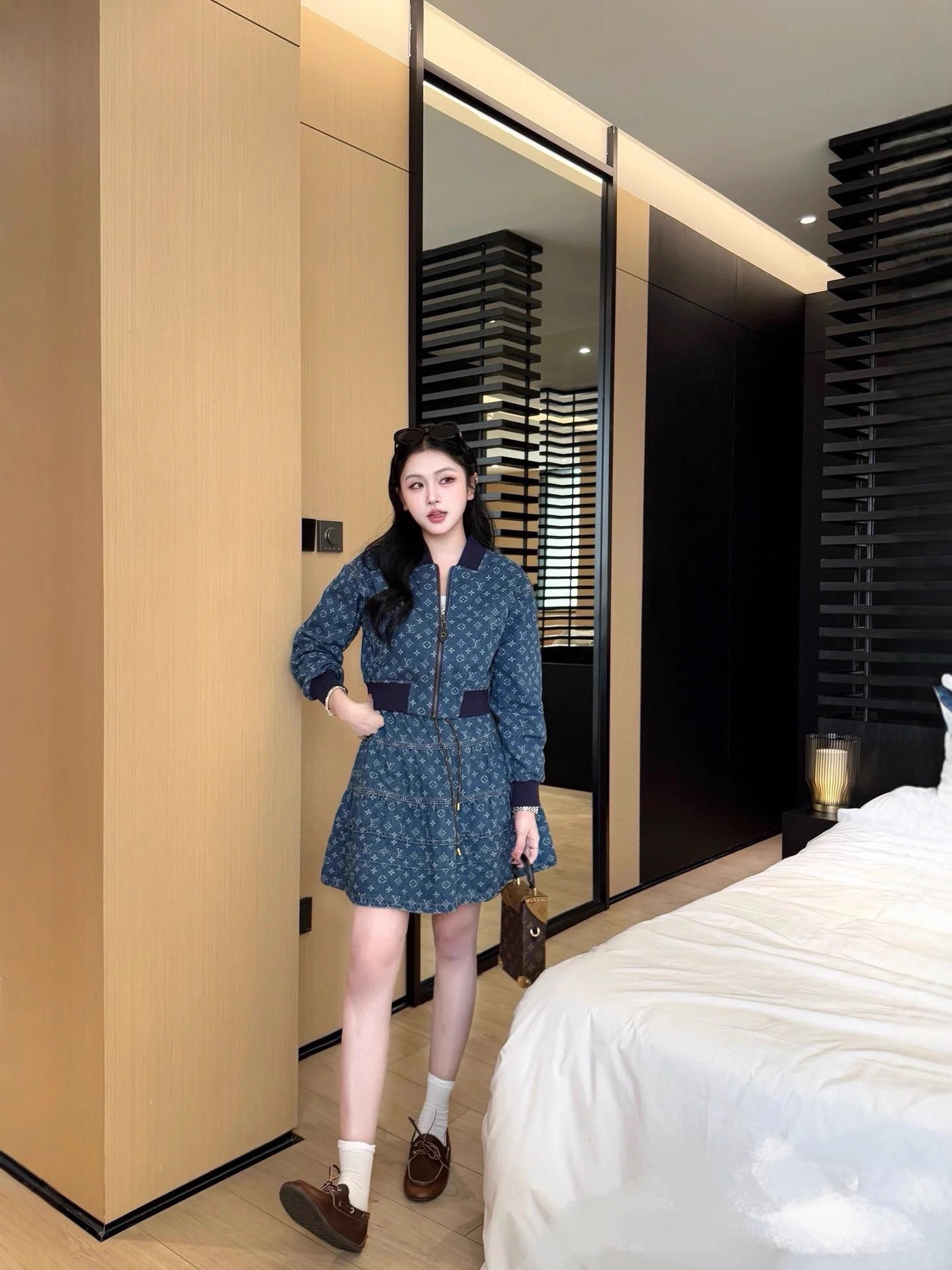 L design Classic Zipper denim jacket + skirt