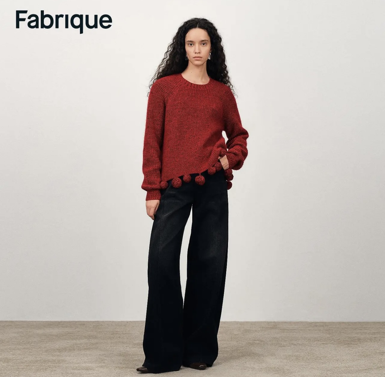 F Fashionable casual hem wool ball Christmas red sweater+scarf