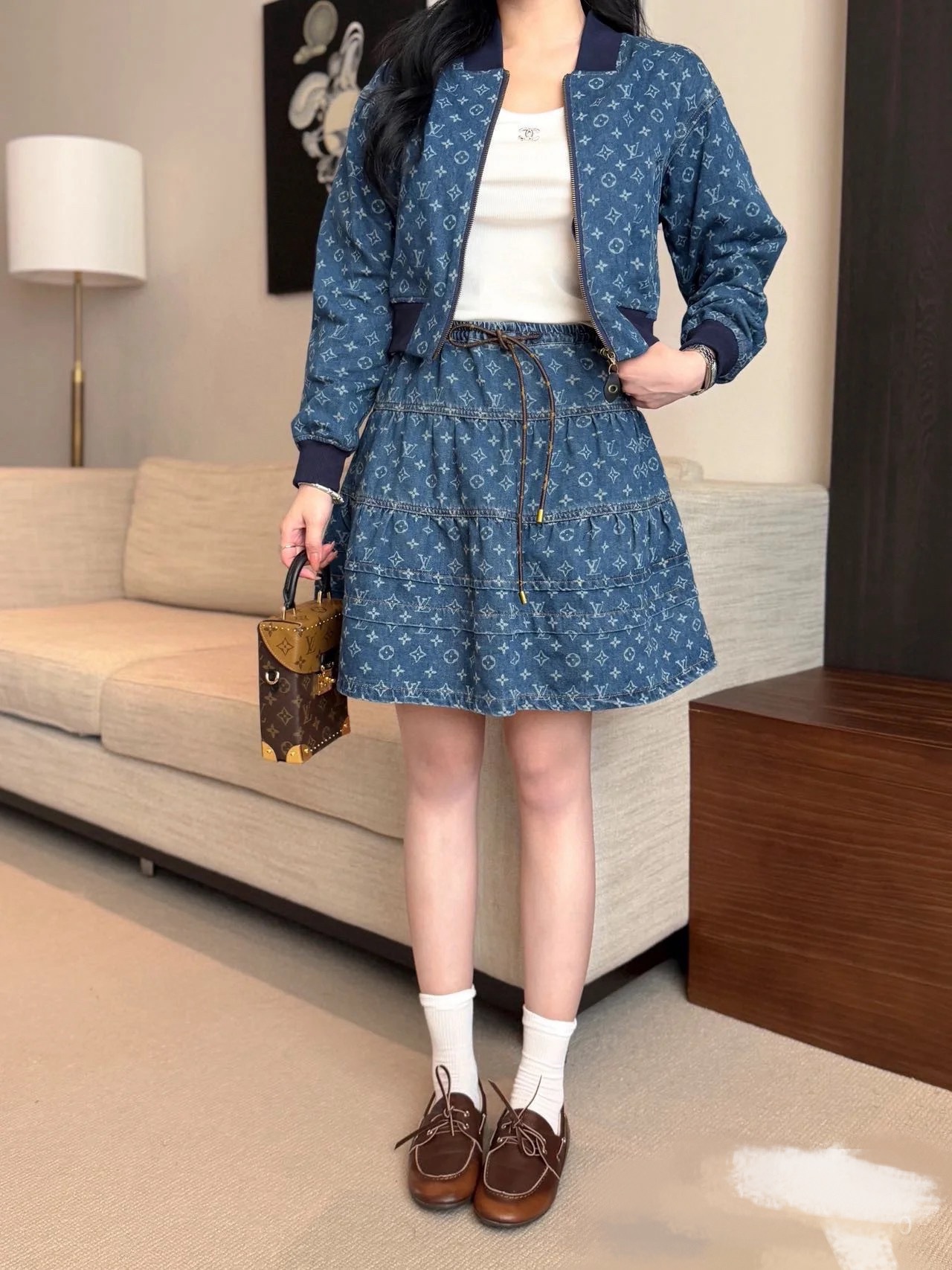 L design Classic Zipper denim jacket + skirt
