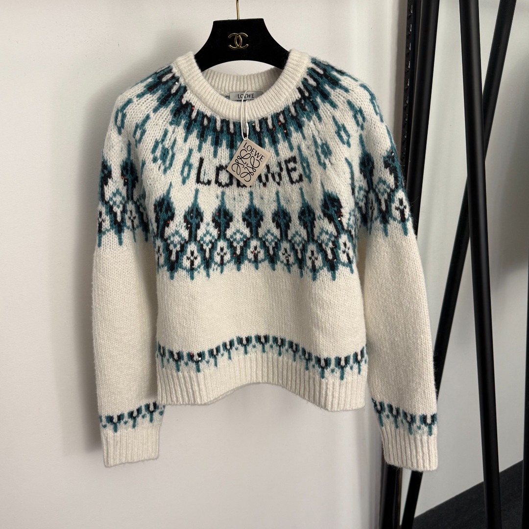L Sequin inlaid contrasting jacquard pullover long sleeved knitted sweater