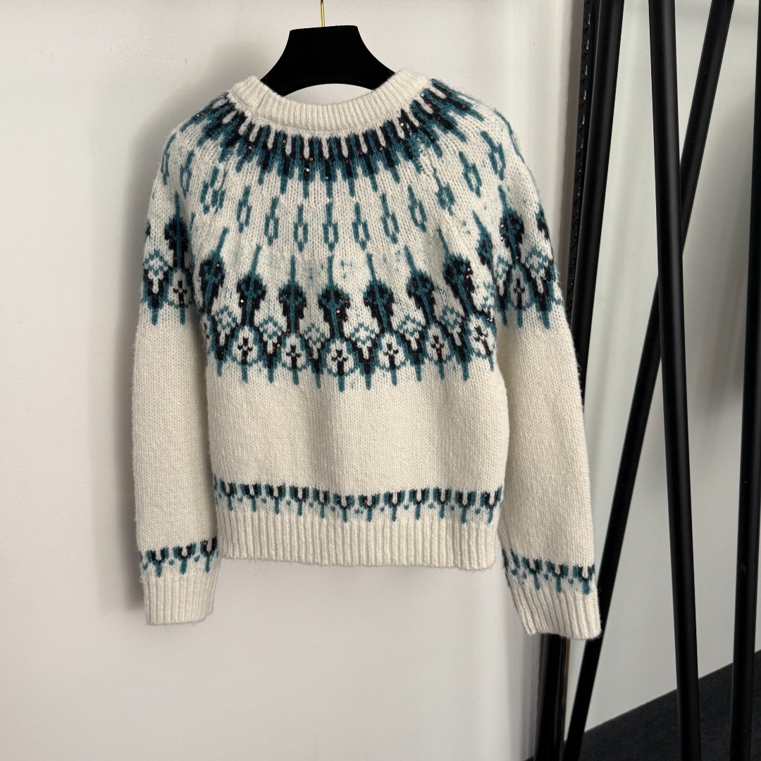 L Sequin inlaid contrasting jacquard pullover long sleeved knitted sweater