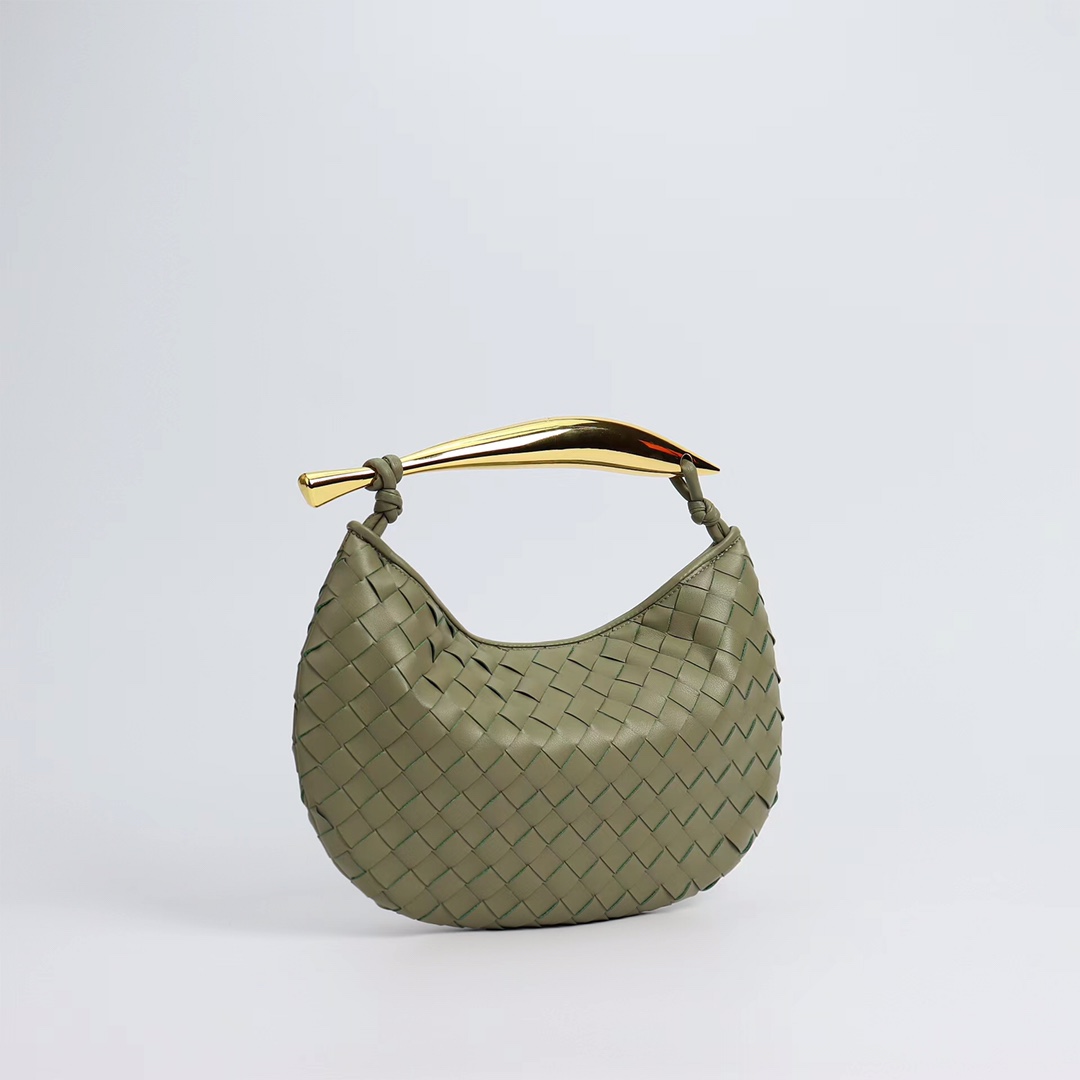 Woven Leather Hobo Bag with Gold Sculptural Handle – 9 Colors – Size 28×8×12cm