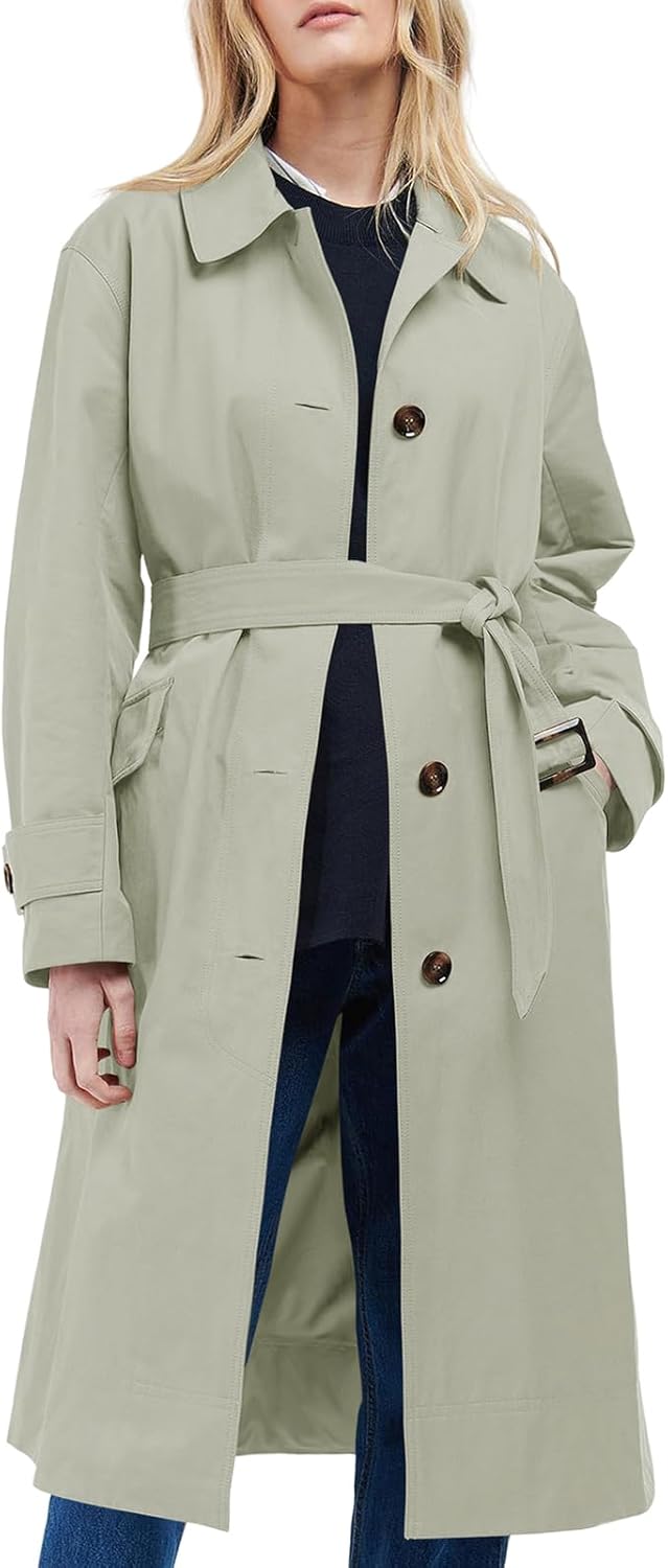 Women's Trench Coats Single Breasted Long Windproof Overcoat with Pockets and Belt