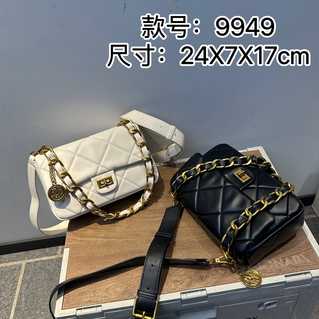 Inspired 9949 Classic Quilted Crossbody with Pearl Chain – Elegant White Lambskin (24×7×16cm)
