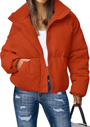 Women's Winter Long Sleeve Zip Puffer Jacket Stand Collar Baggy Short Down Coats with Pockets