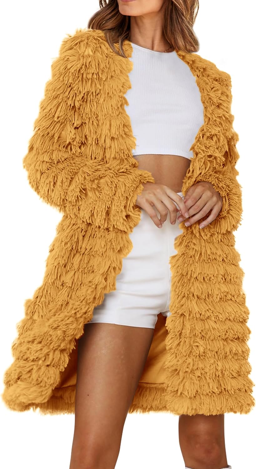 Women's 2024 Winter Faux Fur Jackets Fall Fashion Open Front Long Shaggy Coat Outerwear