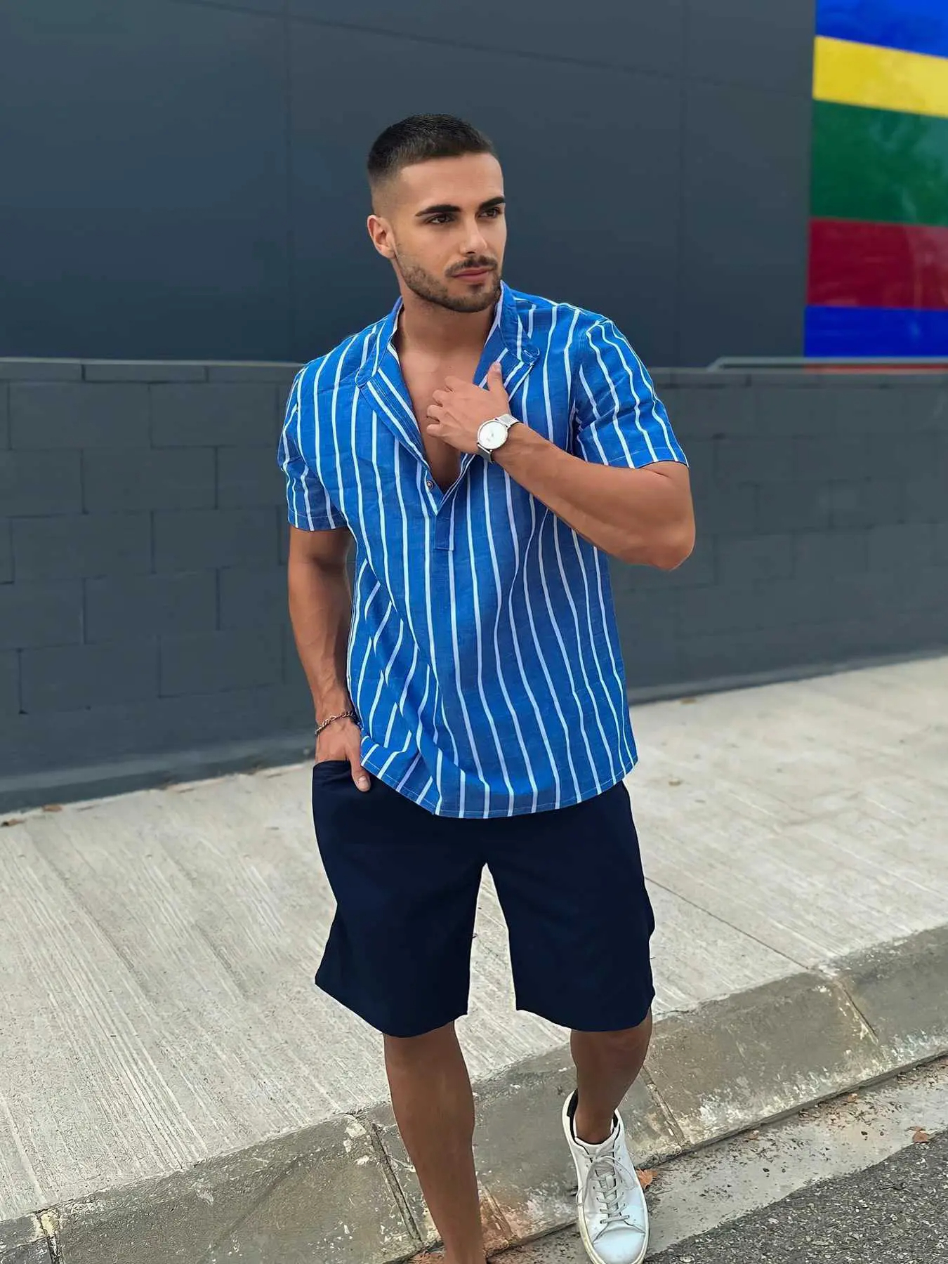 Men's Half Buttoned Casual Vertical Striped Office Pullover Shirt And Basic Casual Shorts Set - Blue