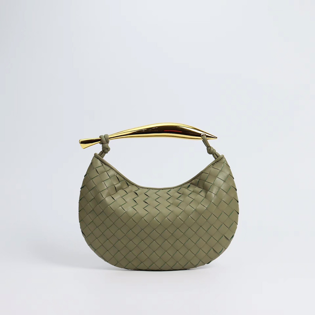 Woven Leather Hobo Bag with Gold Sculptural Handle – 9 Colors – Size 28×8×12cm