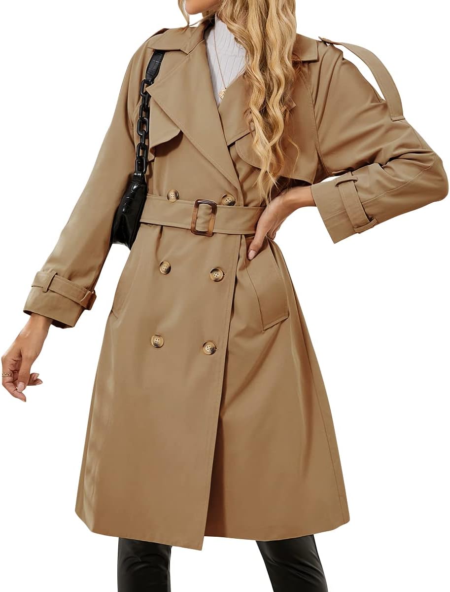 Women's Double Breasted Classic Long Trench Coat Lapel Slim Casual Waterproof Overcoat with Belt