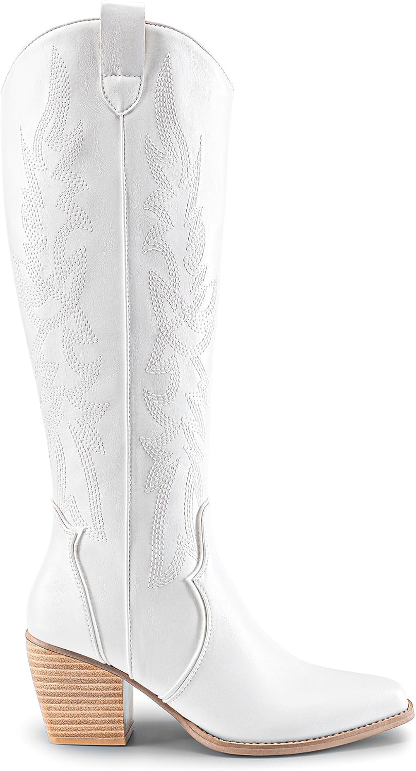 Womens Cowboy Boots, Comfortable Pull On Zipper Chunky Heel Pointed Toe Embroidered Western Cowgirl Knee High Boots