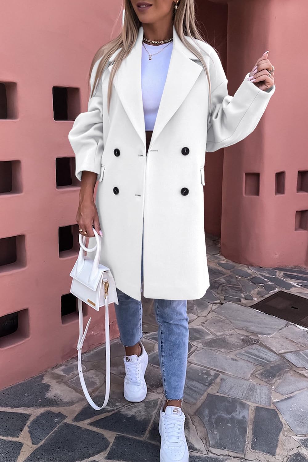 Women Double Breasted Pea Coat Casual Long Oversized Work Office Overcoat Trenchcoats with Pocket