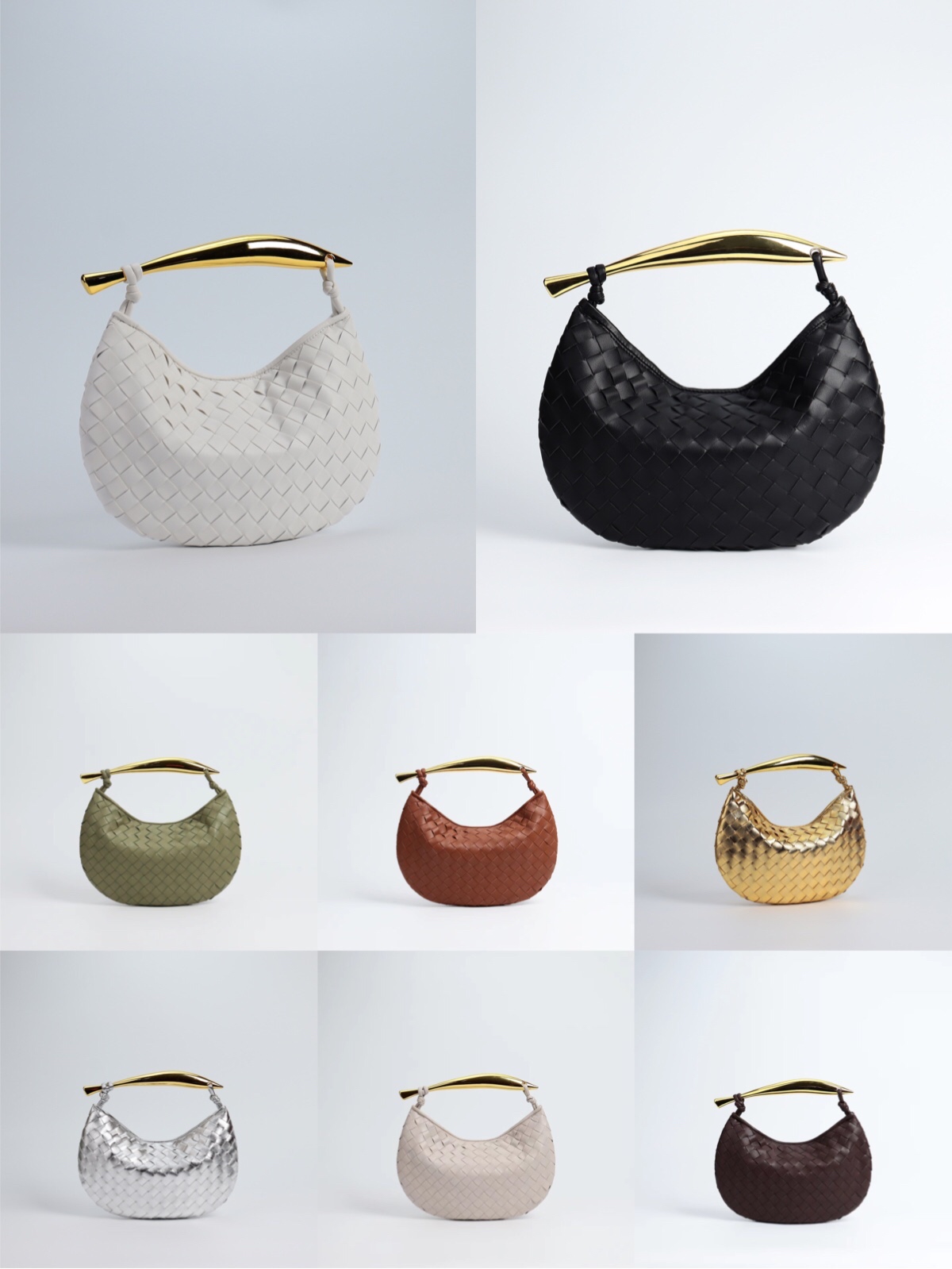 Woven Leather Hobo Bag with Gold Sculptural Handle – 9 Colors – Size 28×8×12cm