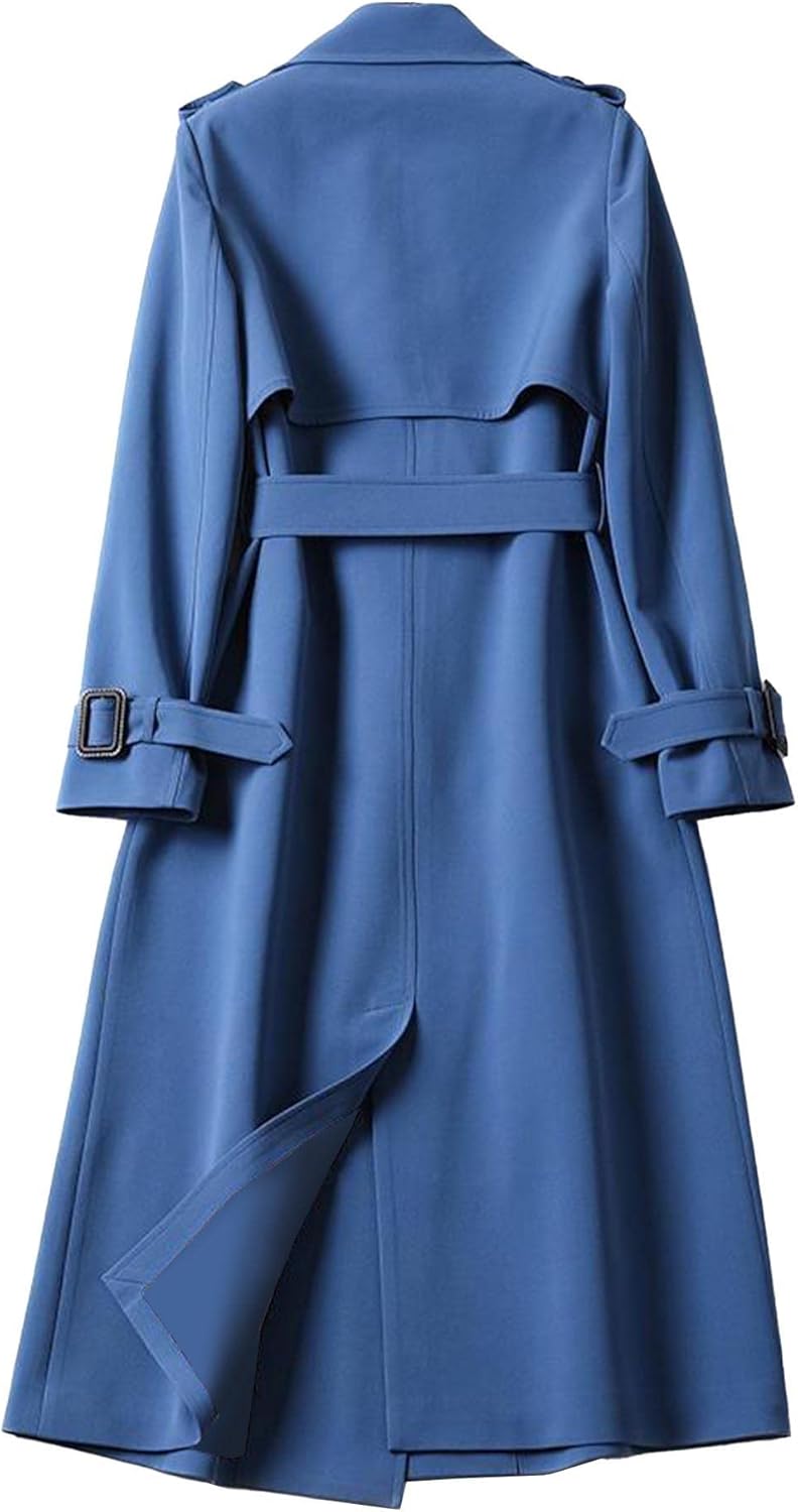 Women's Double Breasted Long Trench Coat Belted Notch Lapel Overcoat Windproof Classic Outerwear