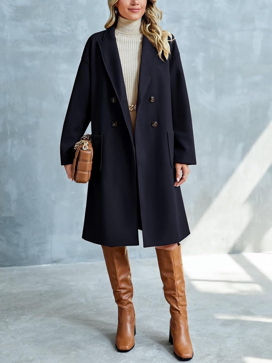 Women's Lapel Peacoat Winter Double-Breasted Outerwear Mid Long Jacket Casual Trench Coat