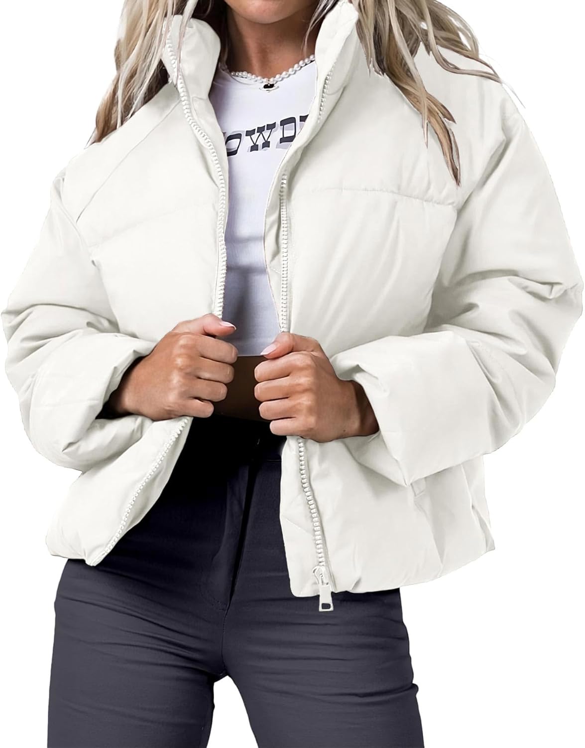 Women's Winter Puffer Jacket Cropped Long Sleeve Zip Up Baggy Short Down Coats with Pockets