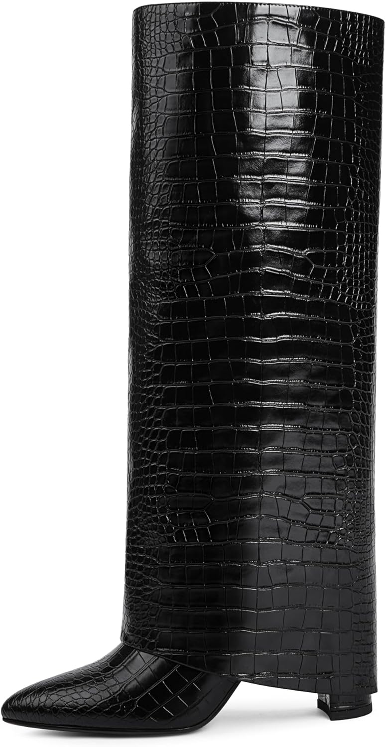 Knee High Boots Women Fold Over Knee High Boots Chunky High Heels Long Boots Zipper Pointed Toe Dress Tall Boots for Women