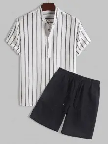 Men's Half Buttoned Casual Vertical Striped Office Pullover Shirt And Basic Casual Shorts Set - Blue