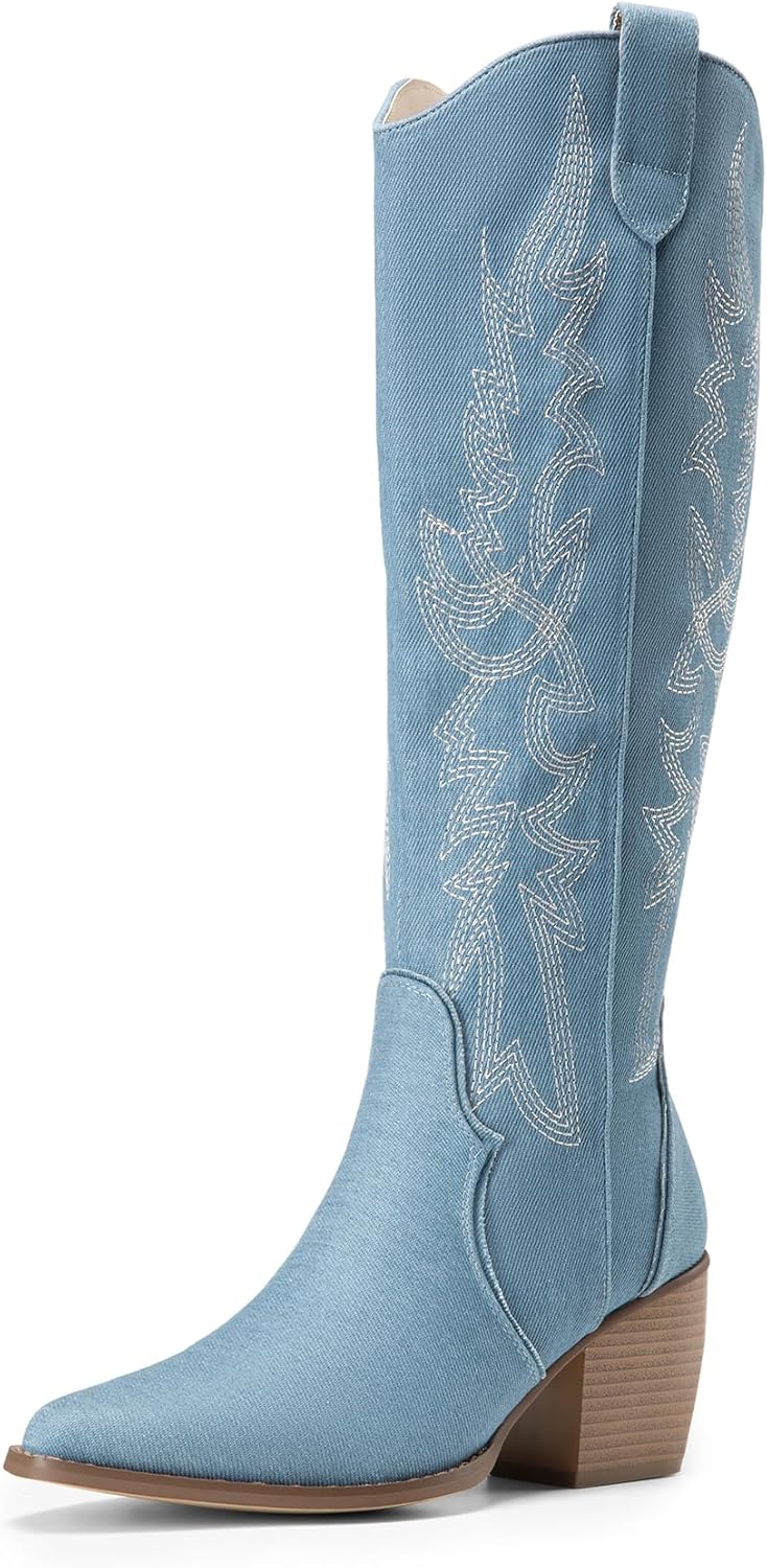 Womens Cowboy Boots, Comfortable Pull On Zipper Chunky Heel Pointed Toe Embroidered Western Cowgirl Knee High Boots
