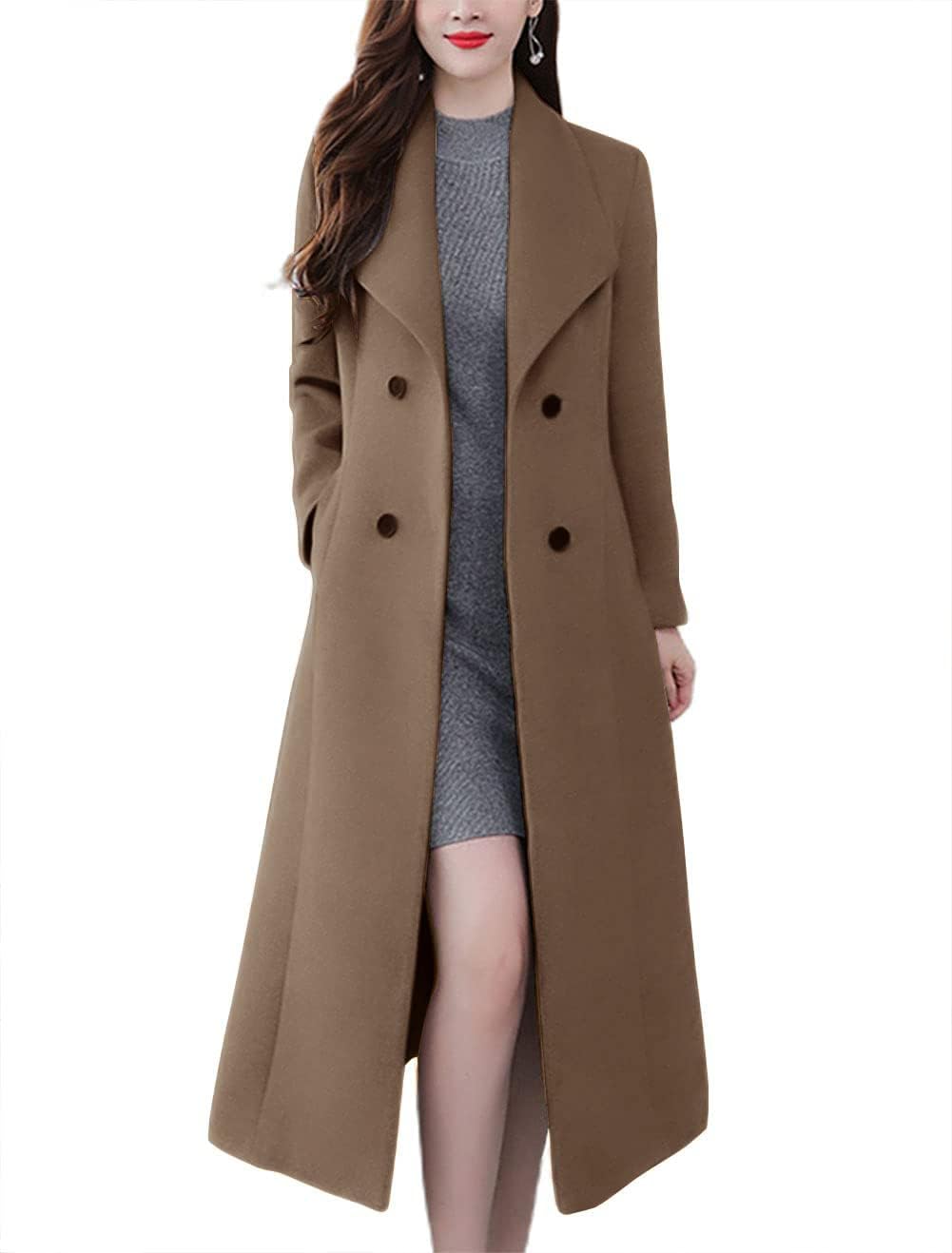 Women's Chic Shawl Collar Work Double Breasted Maxi Long Wool Pea Coat