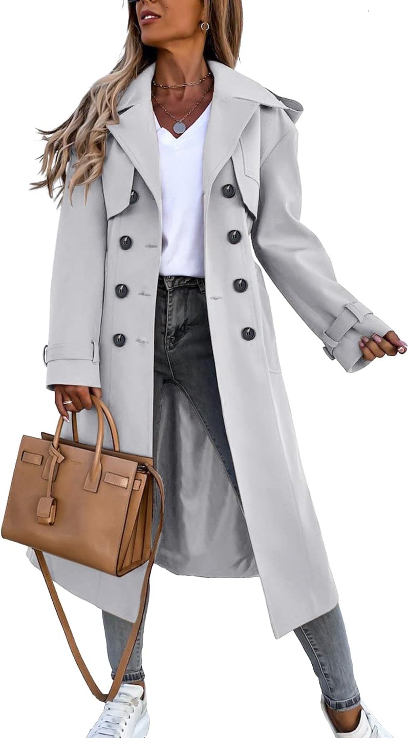 Women's Double Breasted Long Trench Coat Windproof Classic Lapel Belted Overcoat with Pockets