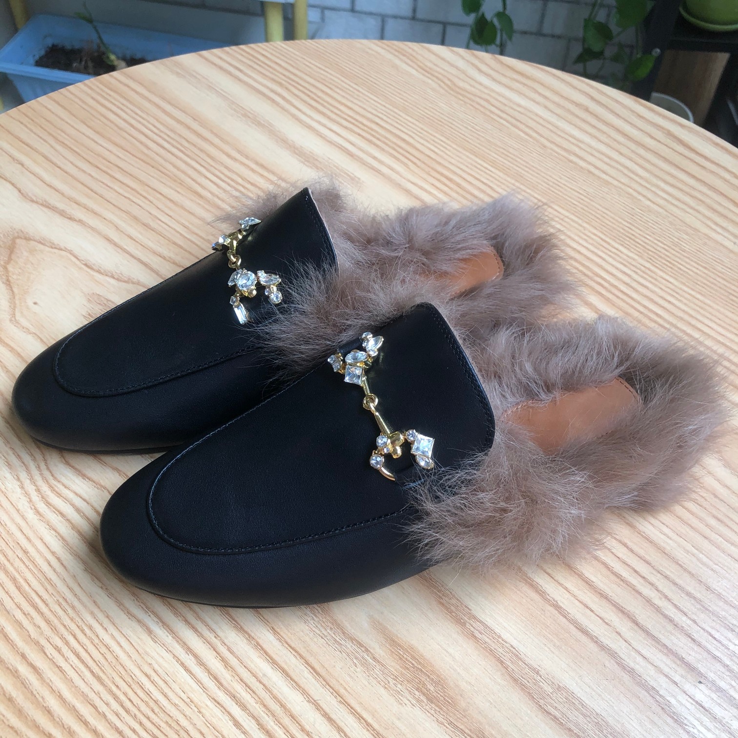 Fur Lined Leather Slippers Black Brown Shearling Loafers 35–40