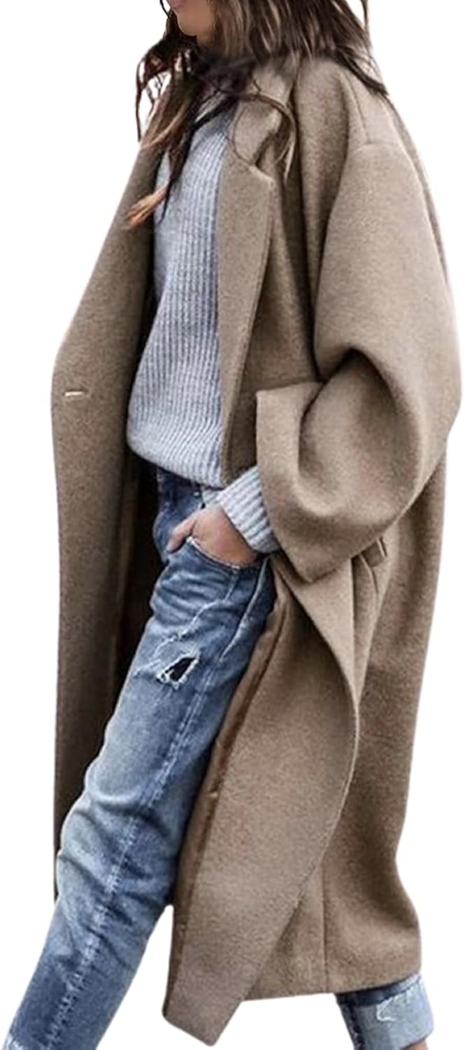 Women's Oversized Notched Collar Wool Blend Single Breast Midi Long Trench Coat