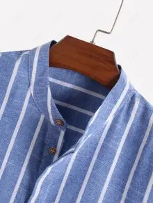 Men's Half Buttoned Casual Vertical Striped Office Pullover Shirt And Basic Casual Shorts Set - Blue