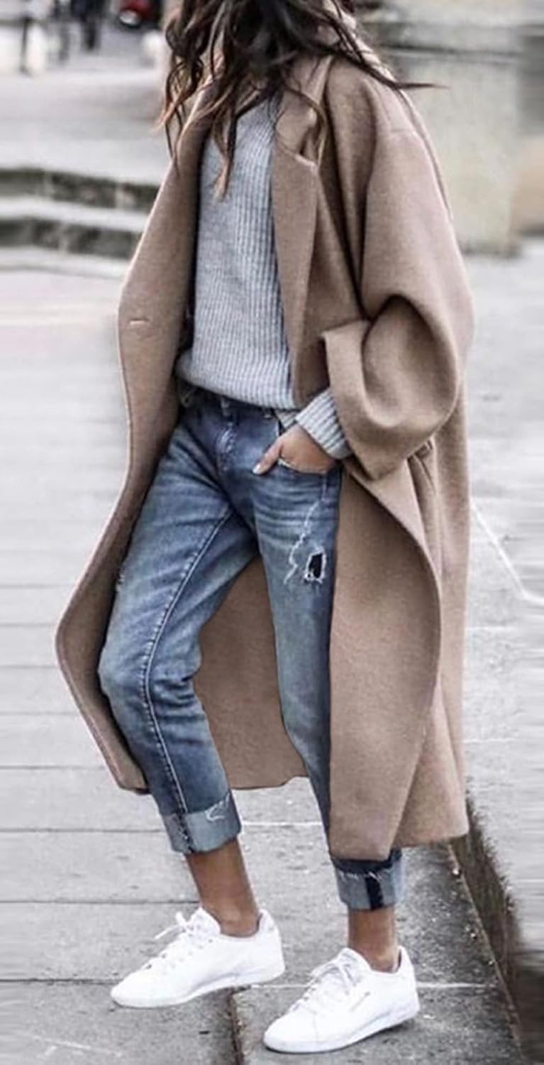 Women's Oversized Notched Collar Wool Blend Single Breast Midi Long Trench Coat