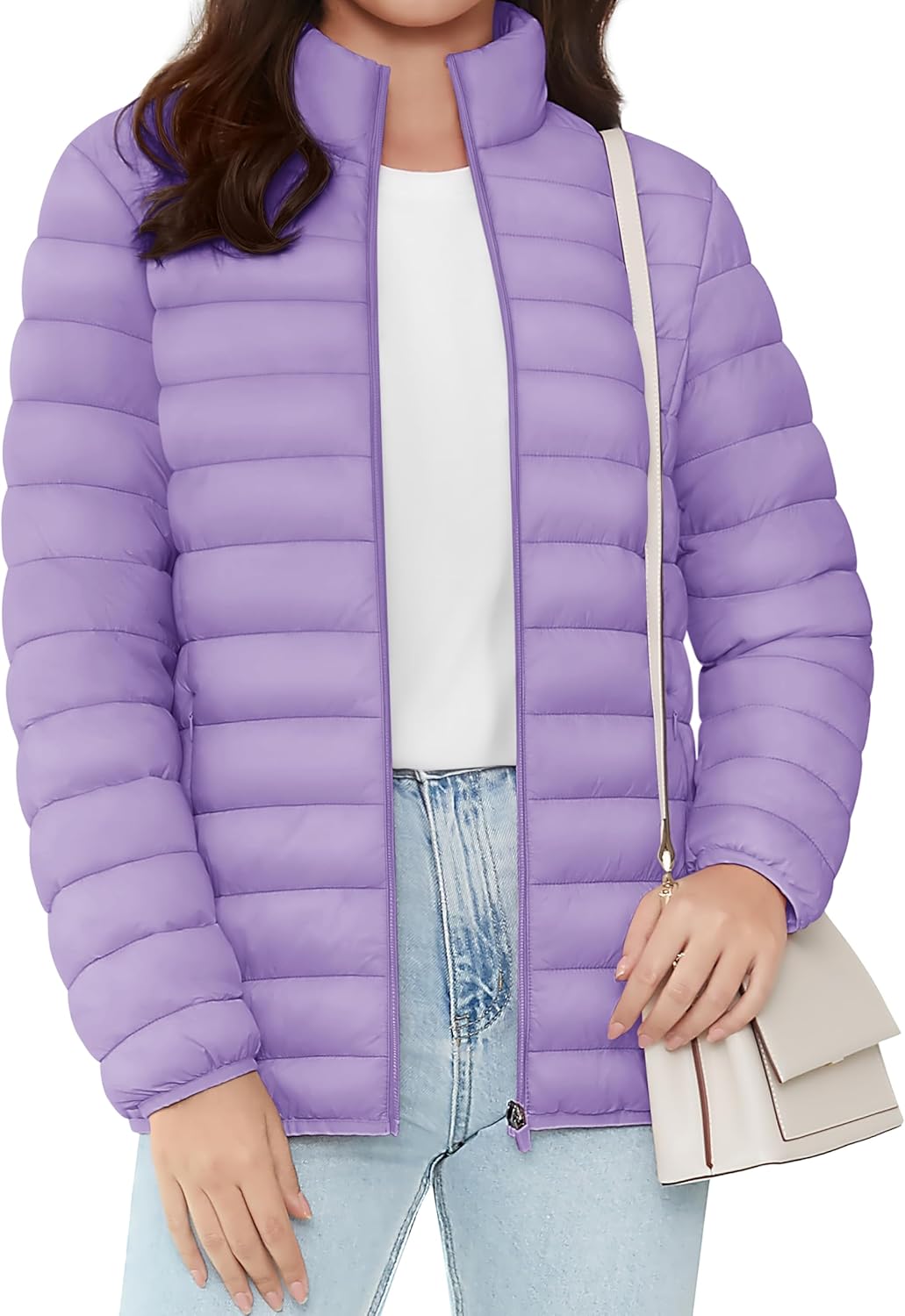 Women's Puffer Jacket Quilted Lightweight Stand Collar Zip Up Alternative Down Coat Warm Winter with 4 Pockets