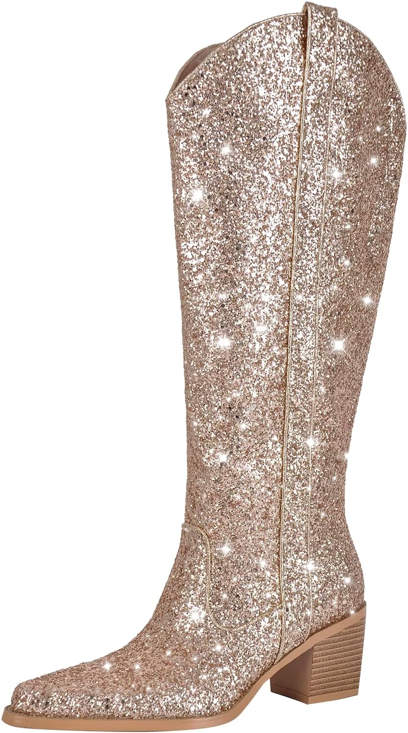 Women's Heel Knee High Boots Rhinestone Chunky Block Heel Pull on Shoes