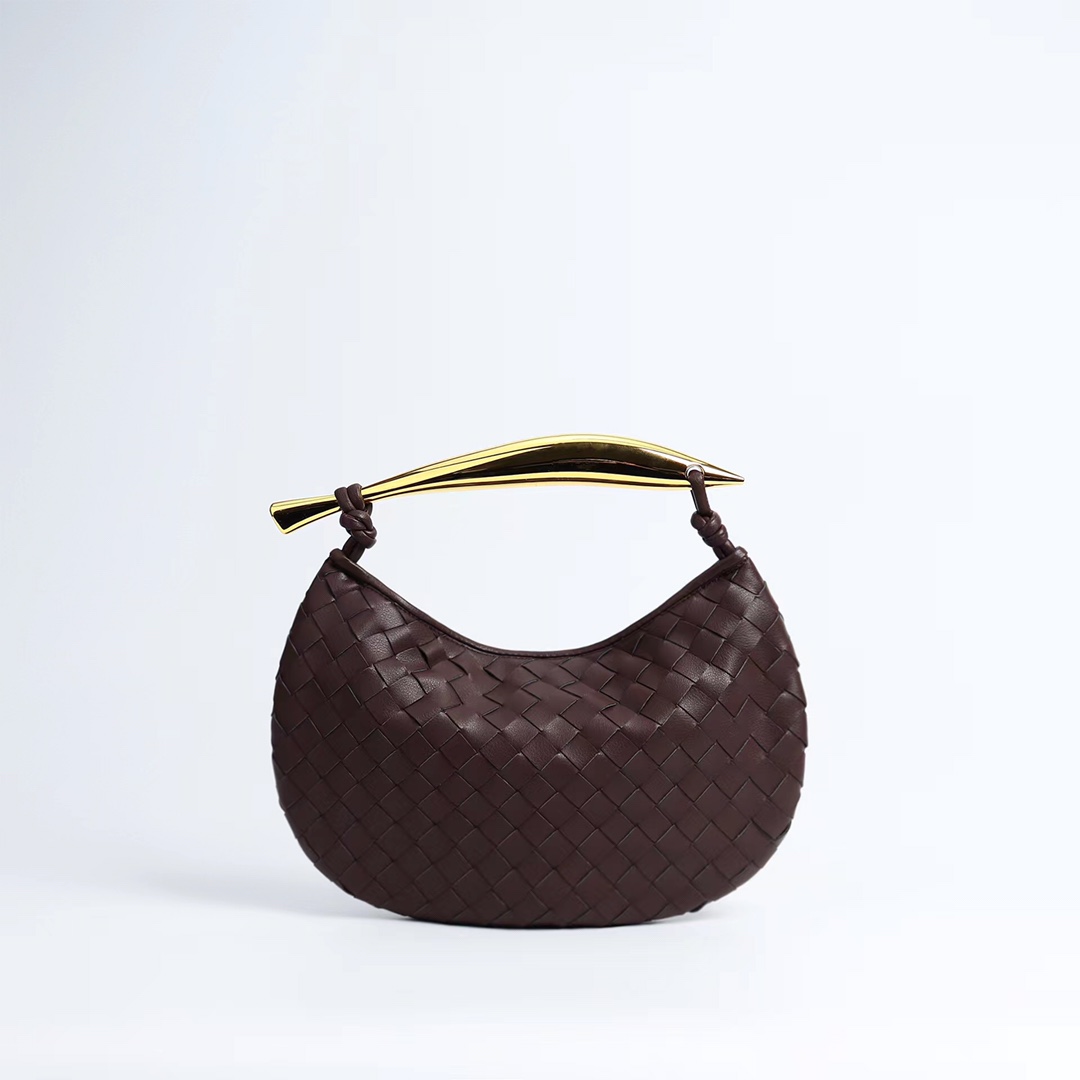 Woven Leather Hobo Bag with Gold Sculptural Handle – 9 Colors – Size 28×8×12cm