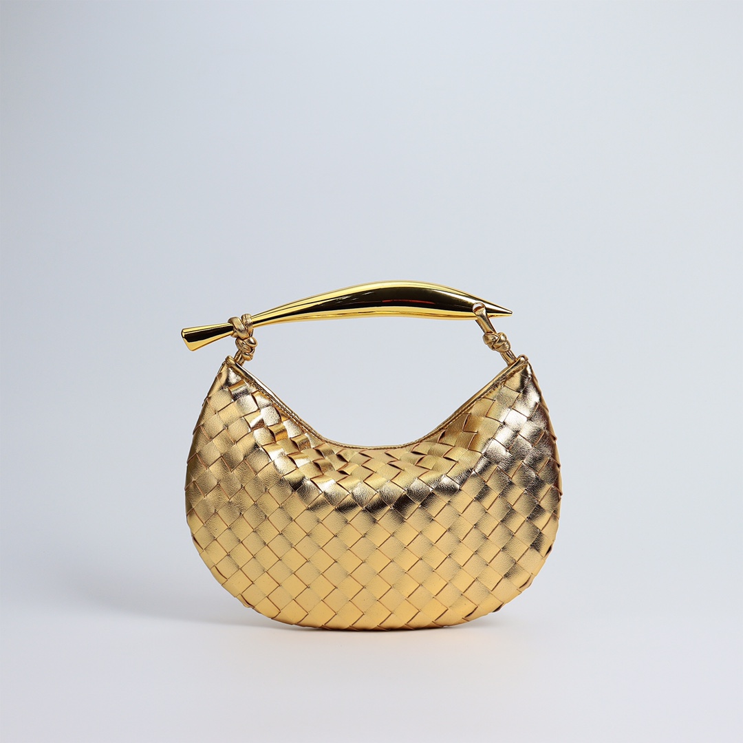 Woven Leather Hobo Bag with Gold Sculptural Handle – 9 Colors – Size 28×8×12cm