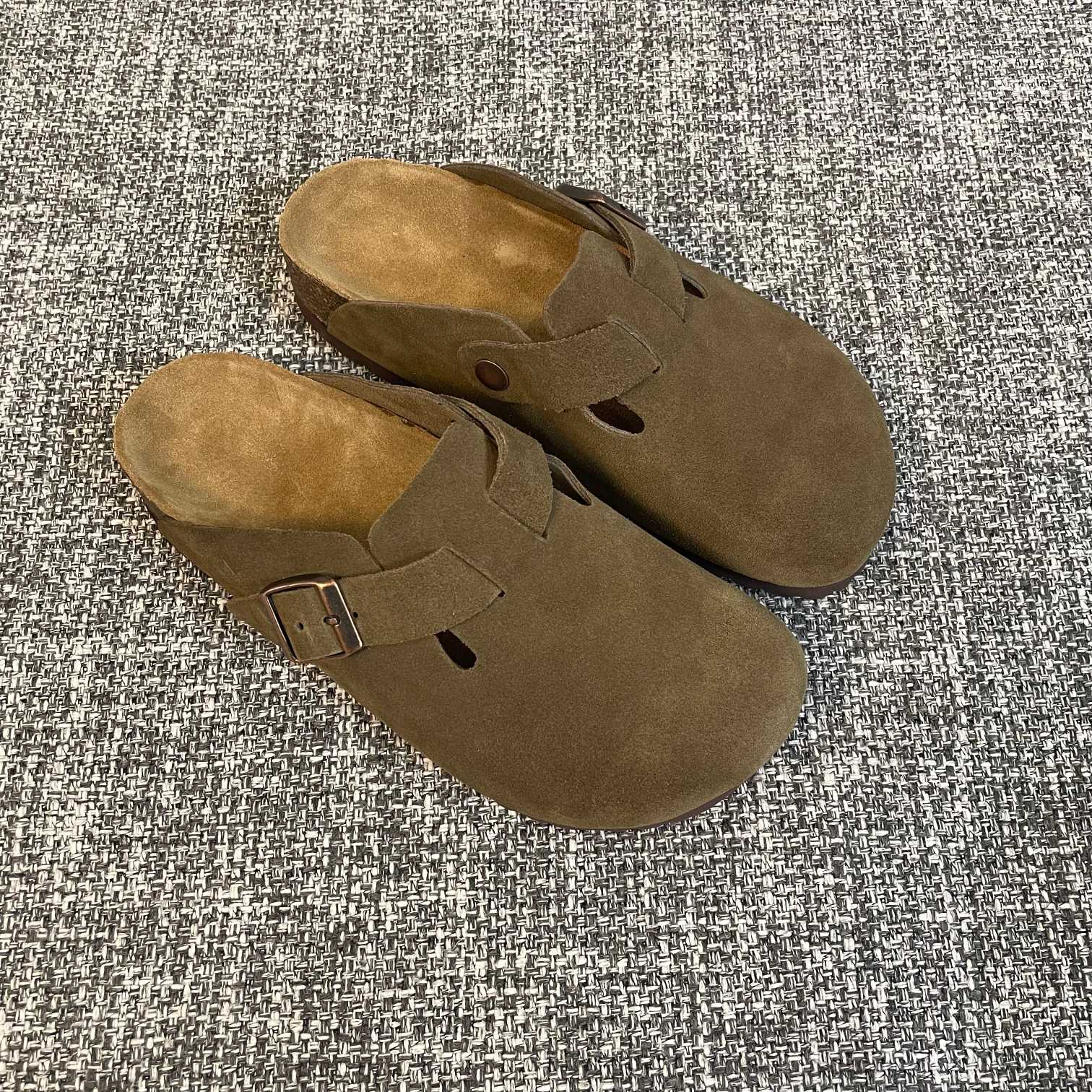 Unbranded Suede Leather Clog Slippers Cowhide Footbed EVA Sole Sand Beige Green 35–40