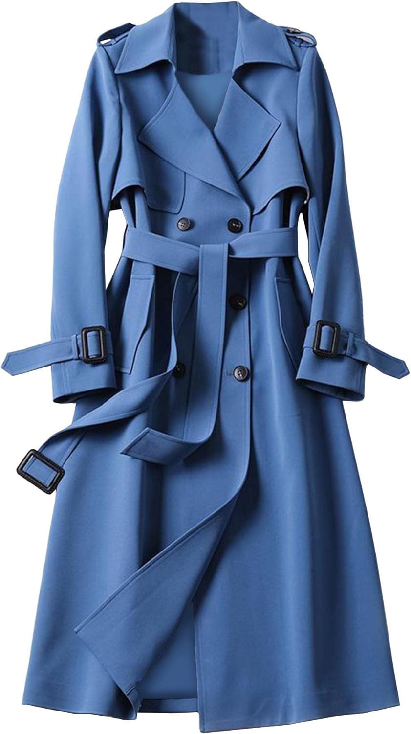 Women's Double Breasted Long Trench Coat Belted Notch Lapel Overcoat Windproof Classic Outerwear