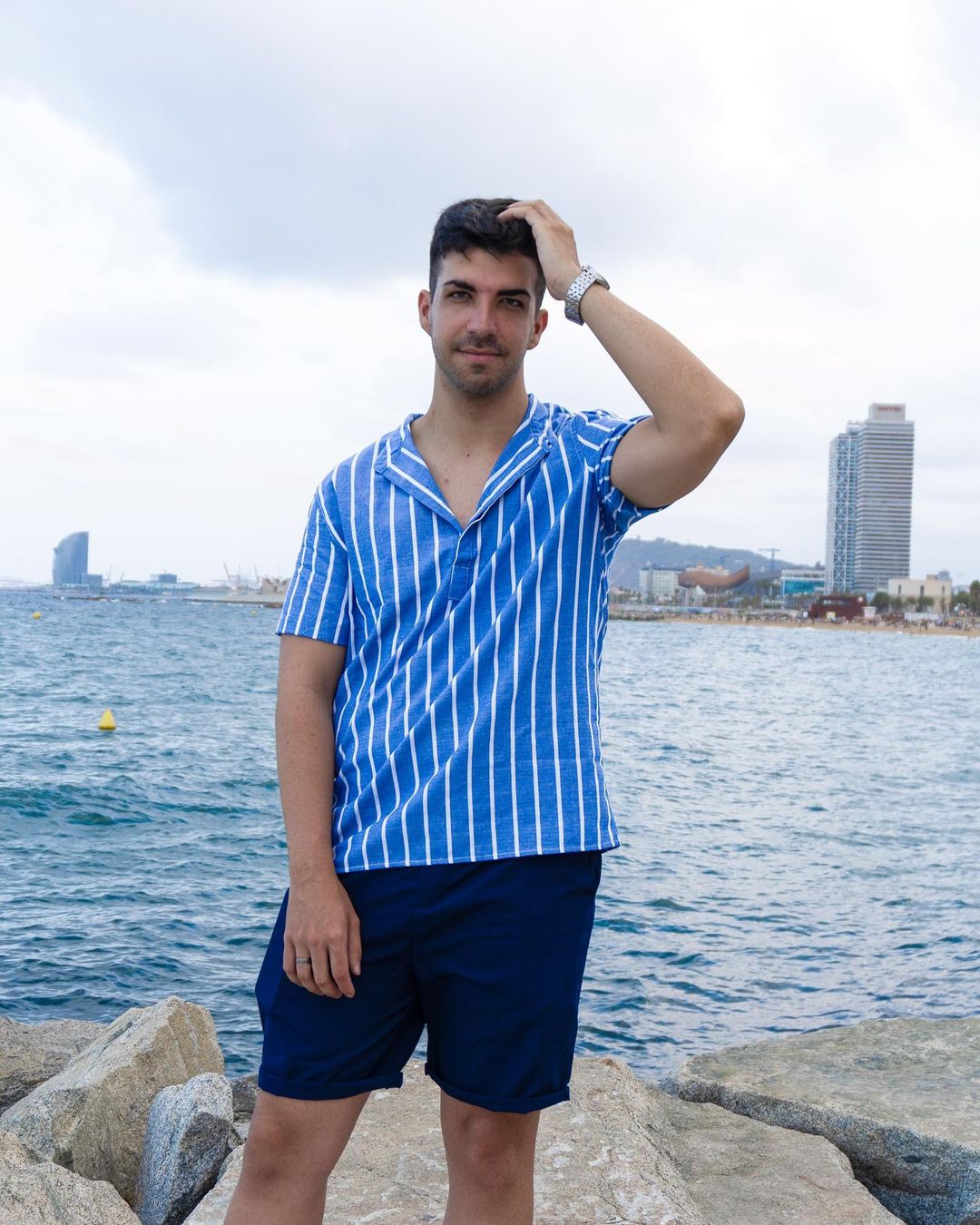 Men's Half Buttoned Casual Vertical Striped Office Pullover Shirt And Basic Casual Shorts Set - Blue